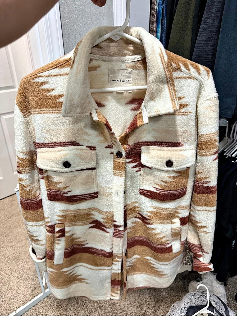 Thread & Supply Patterned Teddy Jacket in Brown & Cream Size Small